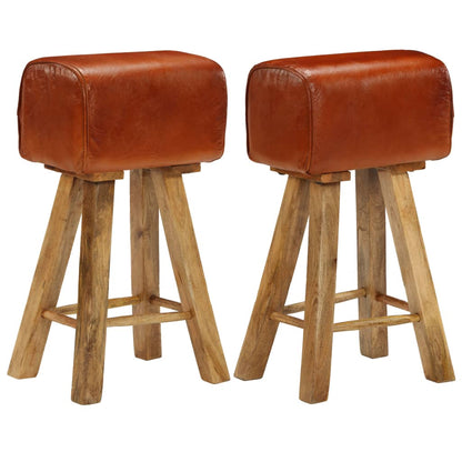 Bar Chair Set of 2 Natural wood and brown leather