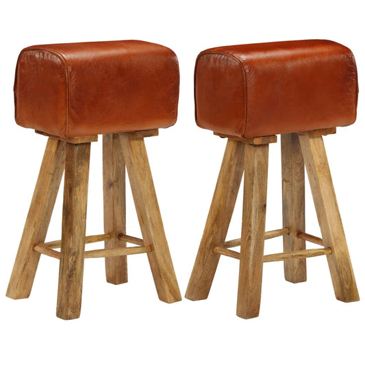 Bar Chair Set of 2 Natural wood and brown leather