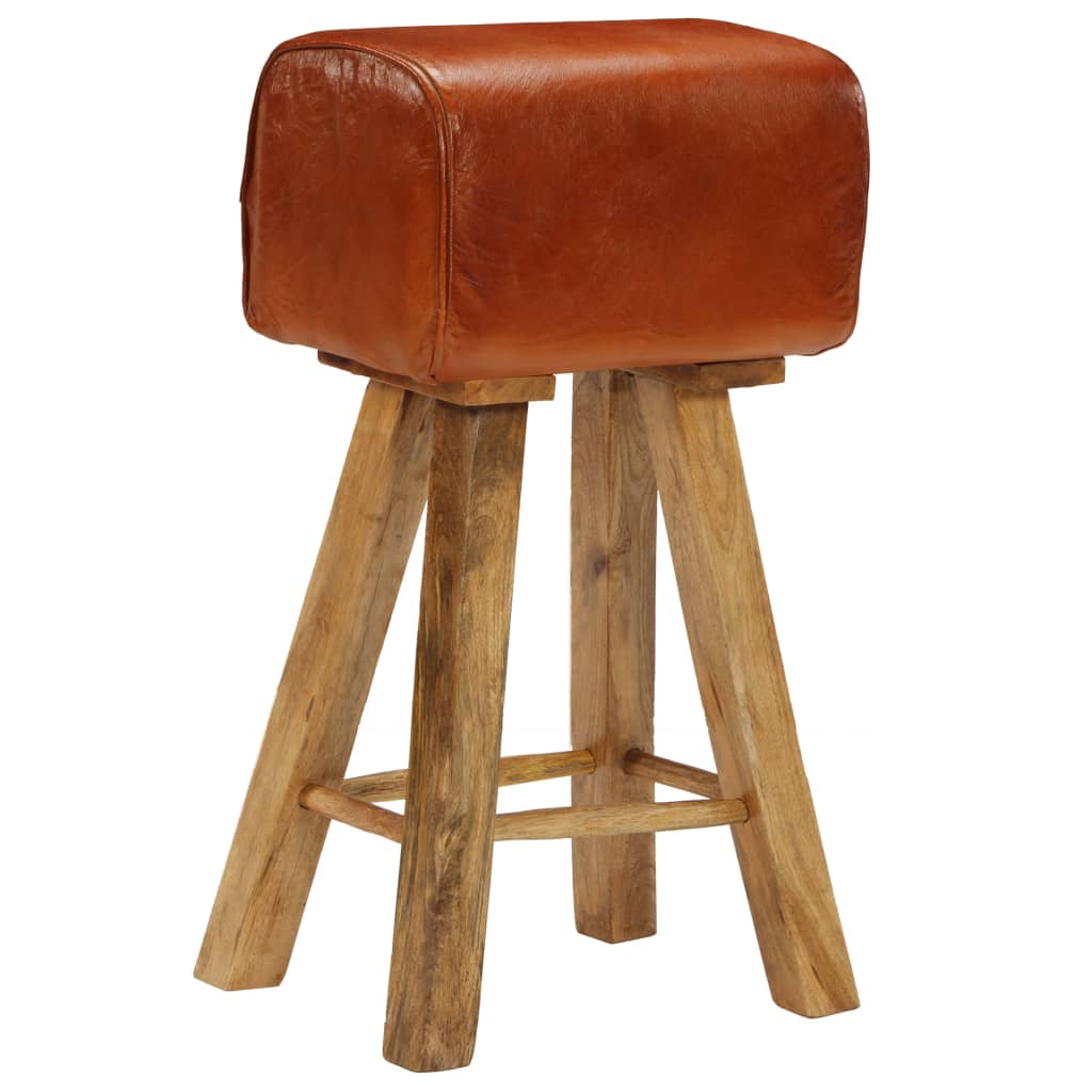 Bar Chair Set of 2 Natural wood and brown leather