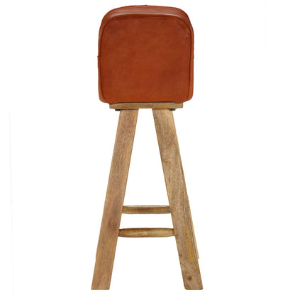 Bar Chair Set of 2 Natural wood and brown leather