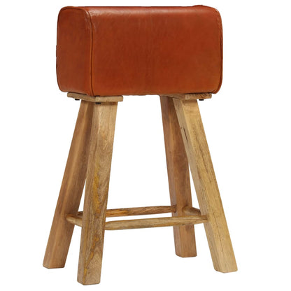 Bar Chair Set of 2 Natural wood and brown leather