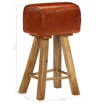 Bar Chair Set of 2 Natural wood and brown leather
