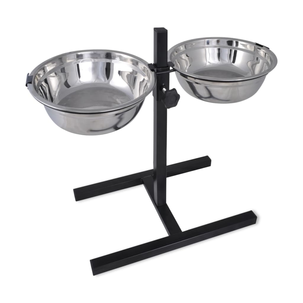 Adjustable Double Diner Pet Dog Feeding Stand & 2 x 1.1gal Stainless Steel Bowls