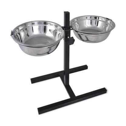 Adjustable Double Diner Pet Dog Feeding Stand & 2 x 1.1gal Stainless Steel Bowls