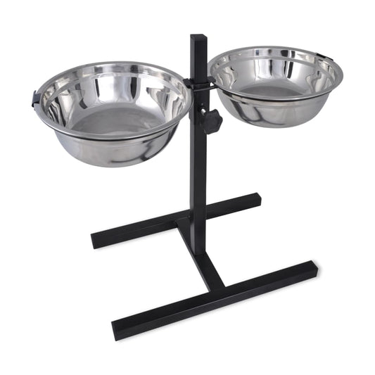 Adjustable Double Diner Pet Dog Feeding Stand & 2 x 1.1gal Stainless Steel Bowls