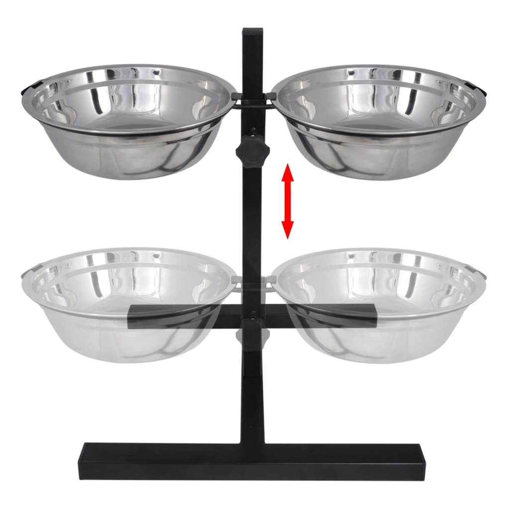 Adjustable Double Diner Pet Dog Feeding Stand & 2 x 1.1gal Stainless Steel Bowls