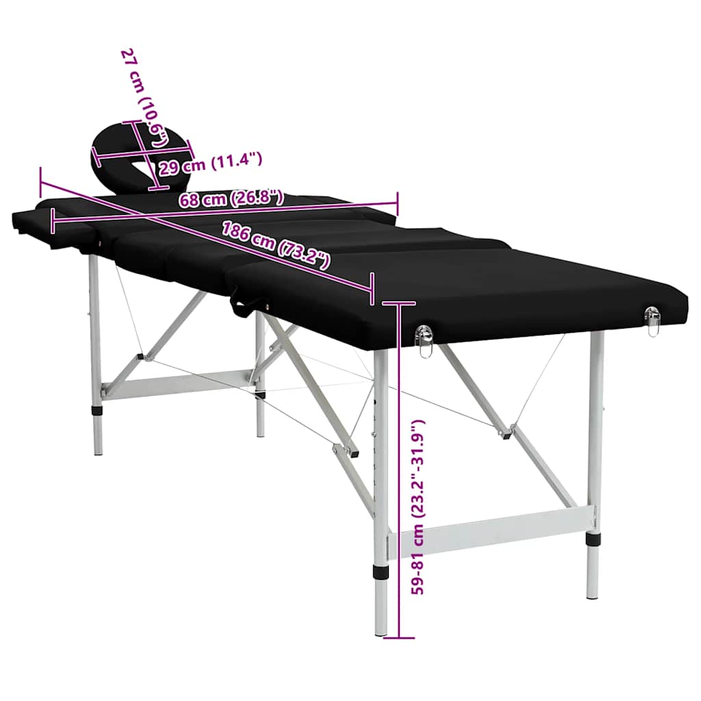 Black Foldable Massage Table 4 Zones with Aluminum Frame
