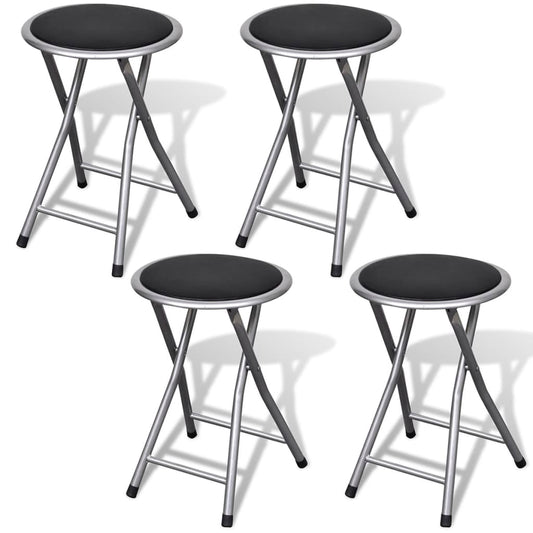Stool Set of 4 Black, Silver Steel frame, PU leather seat