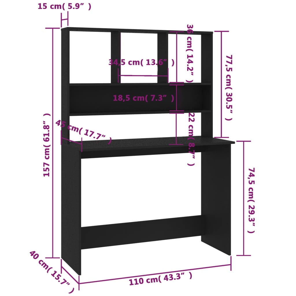 Desk with Shelves Black 43.3"x17.7"x61.8" Engineered Wood