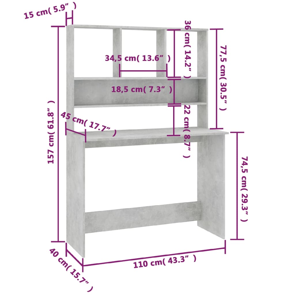 Desk with Shelves Concrete Gray 43.3"x17.7"x61.8" Engineered Wood
