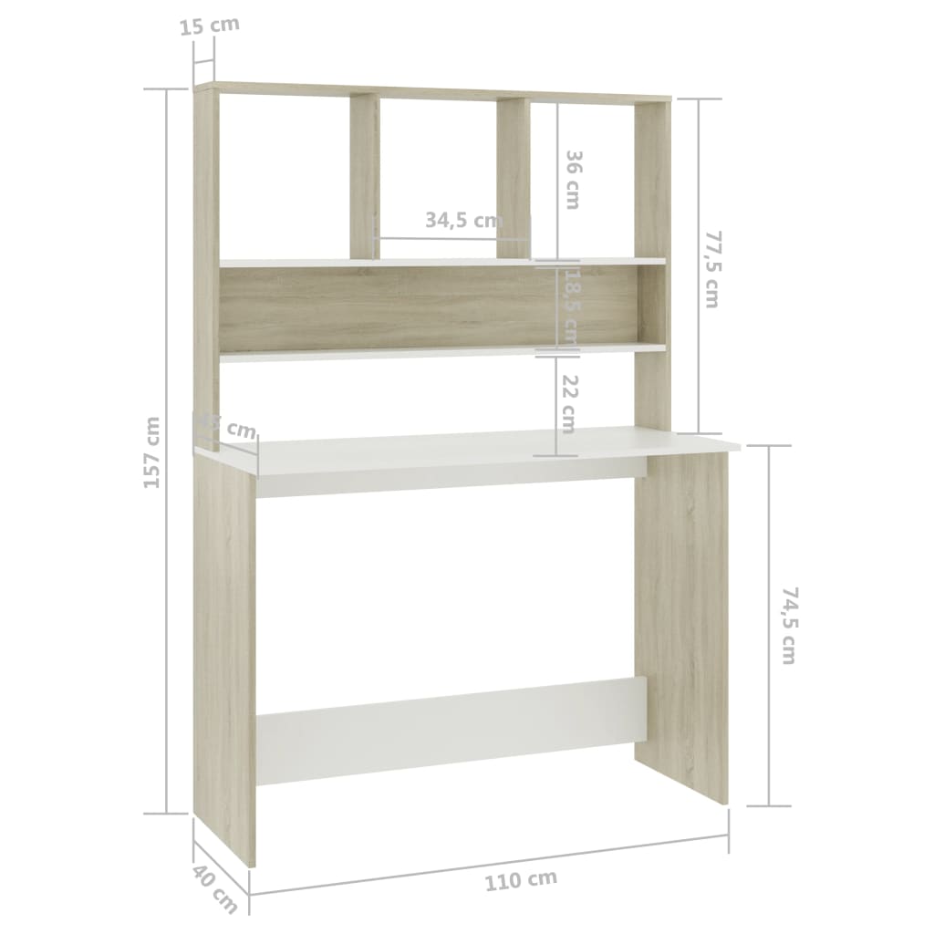 Desk with Shelves White and Sonoma Oak 43.3"x17.7"x61.8" Engineered Wood