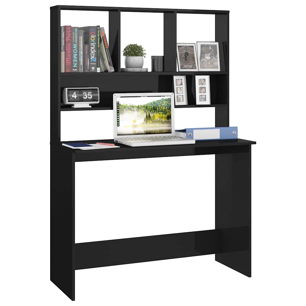 Desk with Shelves High Gloss Black 43.3" x 17.7" x 61.8" Engineered Wood