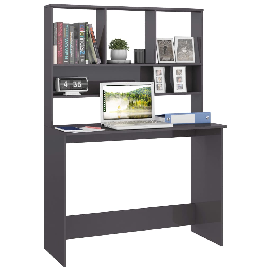 Desk with Shelves High Gloss Gray 43.3" x 17.7" x 61.8" Engineered Wood