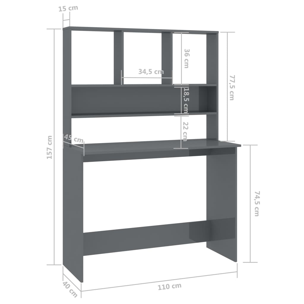 Desk with Shelves High Gloss Gray 43.3" x 17.7" x 61.8" Engineered Wood