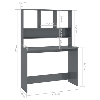 Desk with Shelves High Gloss Gray 43.3" x 17.7" x 61.8" Engineered Wood