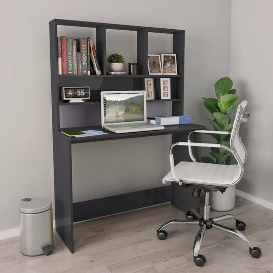Desk with Shelves High Gloss Gray 43.3" x 17.7" x 61.8" Engineered Wood