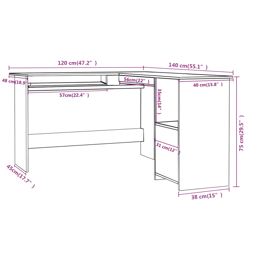 L-Shaped Corner Desk High Gloss Gray 47.2" x 55.1" x 29.5" Engineered Wood