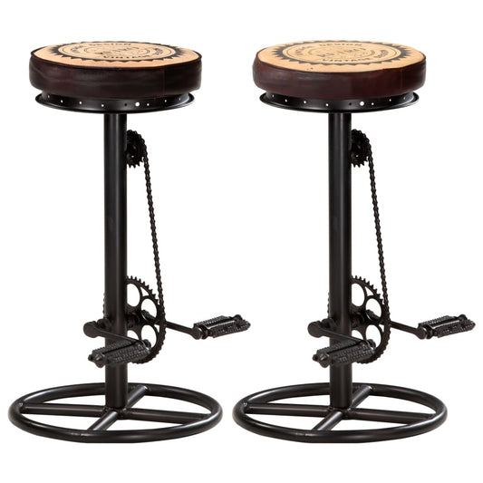 Bar Stool Set of 2 Brown and Black Real Leather, Steel, Canvas