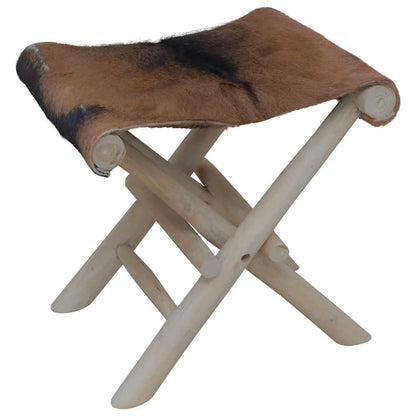 Folding Stool Brown Real goat leather, solid teak wood Medium