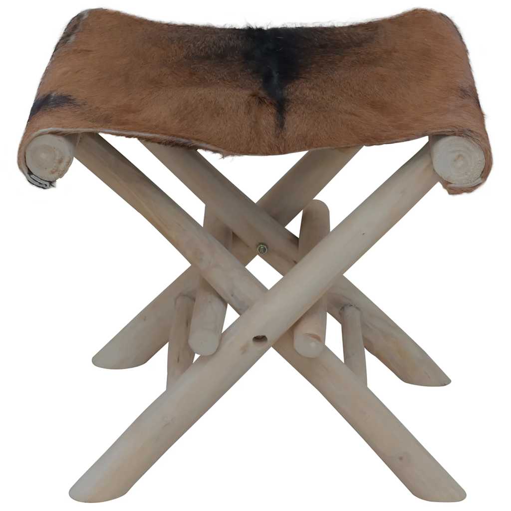 Folding Stool Brown Real goat leather, solid teak wood Medium
