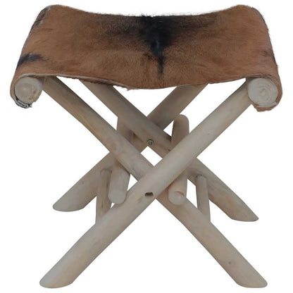 Folding Stool Brown Real goat leather, solid teak wood Medium