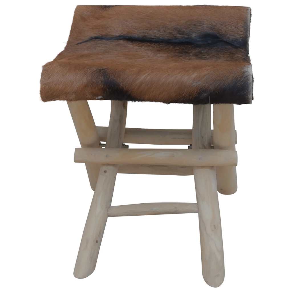 Folding Stool Brown Real goat leather, solid teak wood Medium