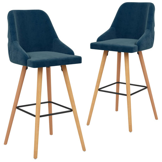 Bar Chair Set of 2 Blue Velvet (100% polyester), solid beech wood