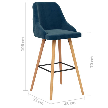 Bar Chair Set of 2 Blue Velvet (100% polyester), solid beech wood