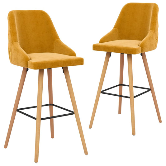 Bar Chair Set of 2 Yellow Velvet (100% polyester), Solid Beech wood