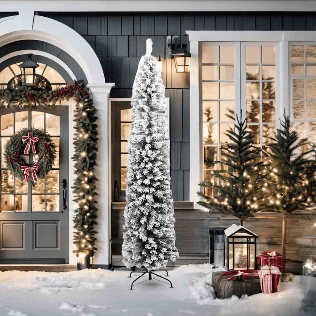 Slim Artificial Christmas Tree with Flocked Snow Green 7 ft PVC