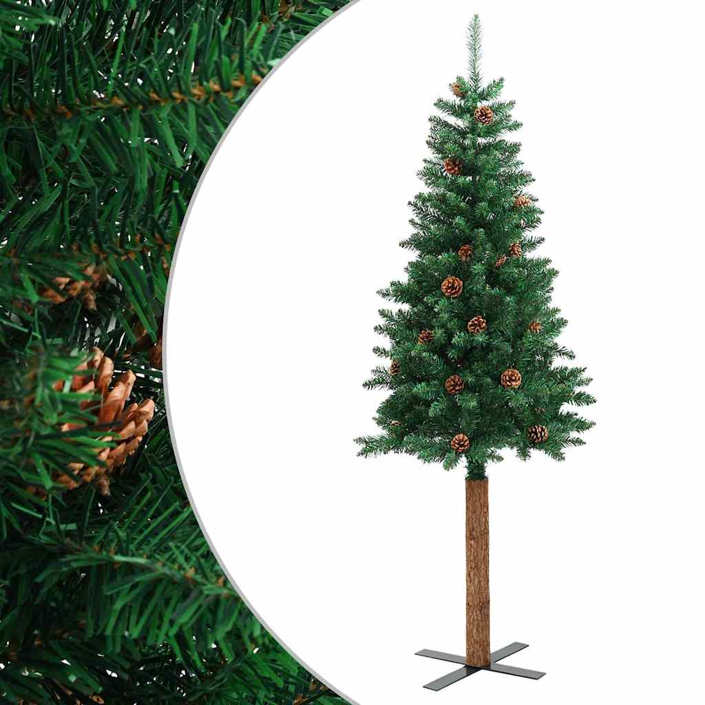 Slim Christmas Tree with Real Wood and Cones Green 59.1" PVC