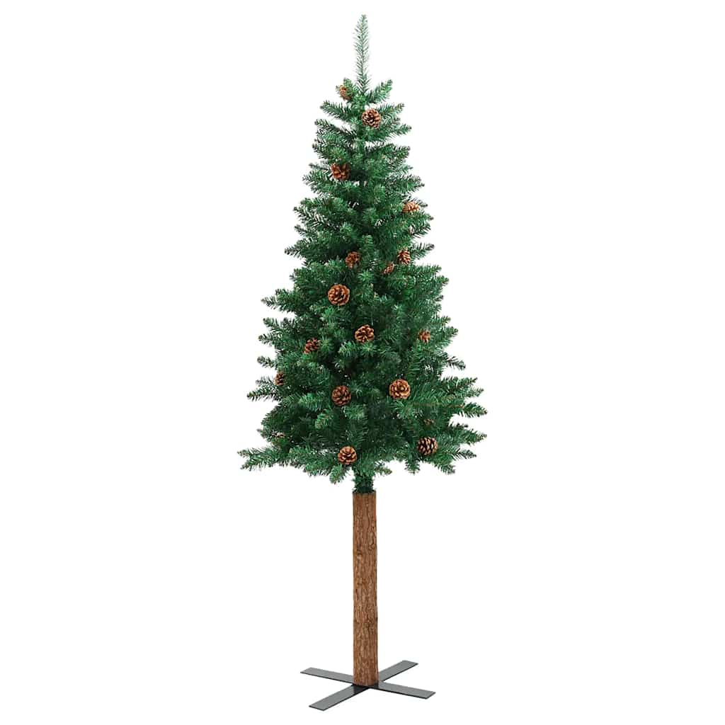 Slim Christmas Tree with Real Wood and Cones Green 59.1" PVC