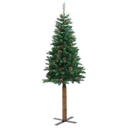 Slim Christmas Tree with Real Wood and Cones Green 59.1" PVC