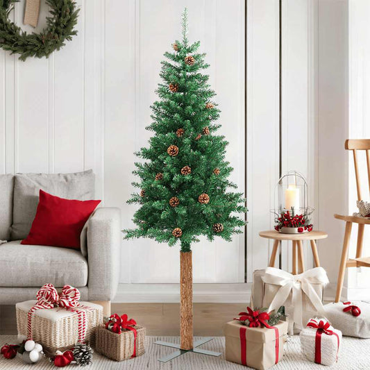 Slim Christmas Tree with Real Wood and Cones Green 59.1" PVC