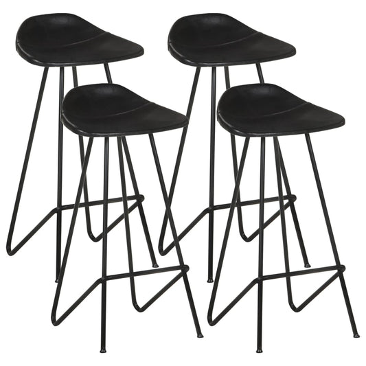 Bar Stool Set of 4 Black Real goat leather, powder-coated iron