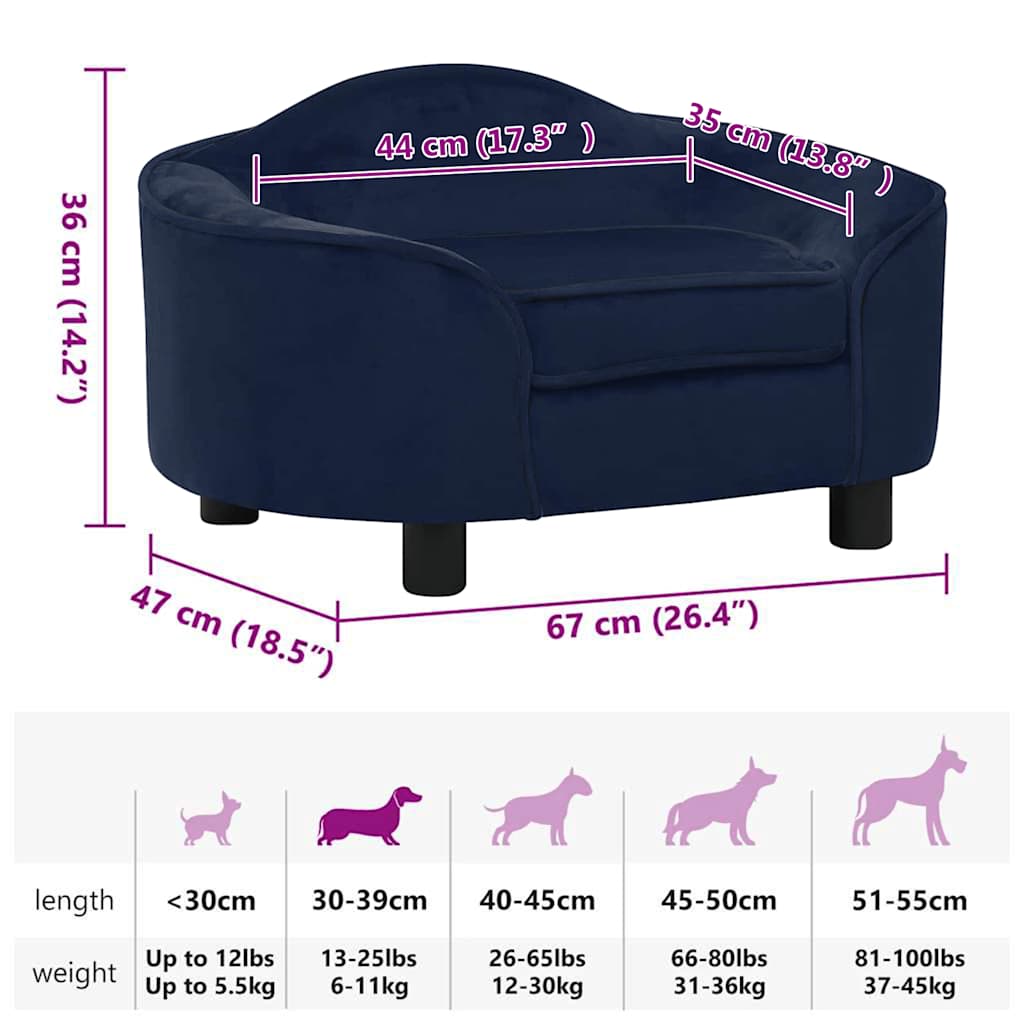 Dog Sofa Blue Plush, Solid Pine Wood 26.4 x 18.5 x 14.2 in