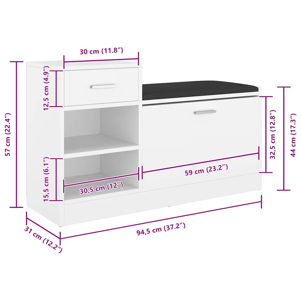 Shoe Bench White 37.2x12.2x22.4" Engineered Wood