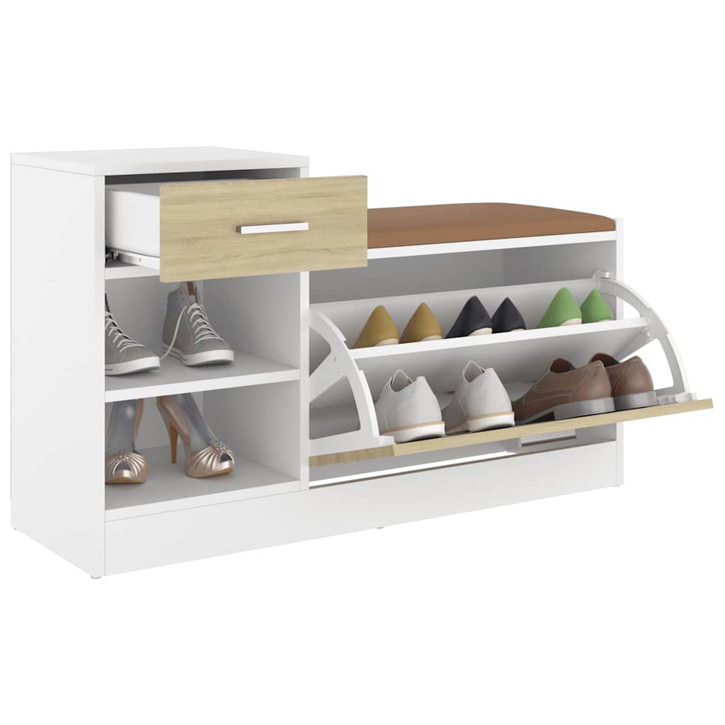 Shoe Bench White and Sonoma Oak 37.2x12.2x22.4" Engineered Wood