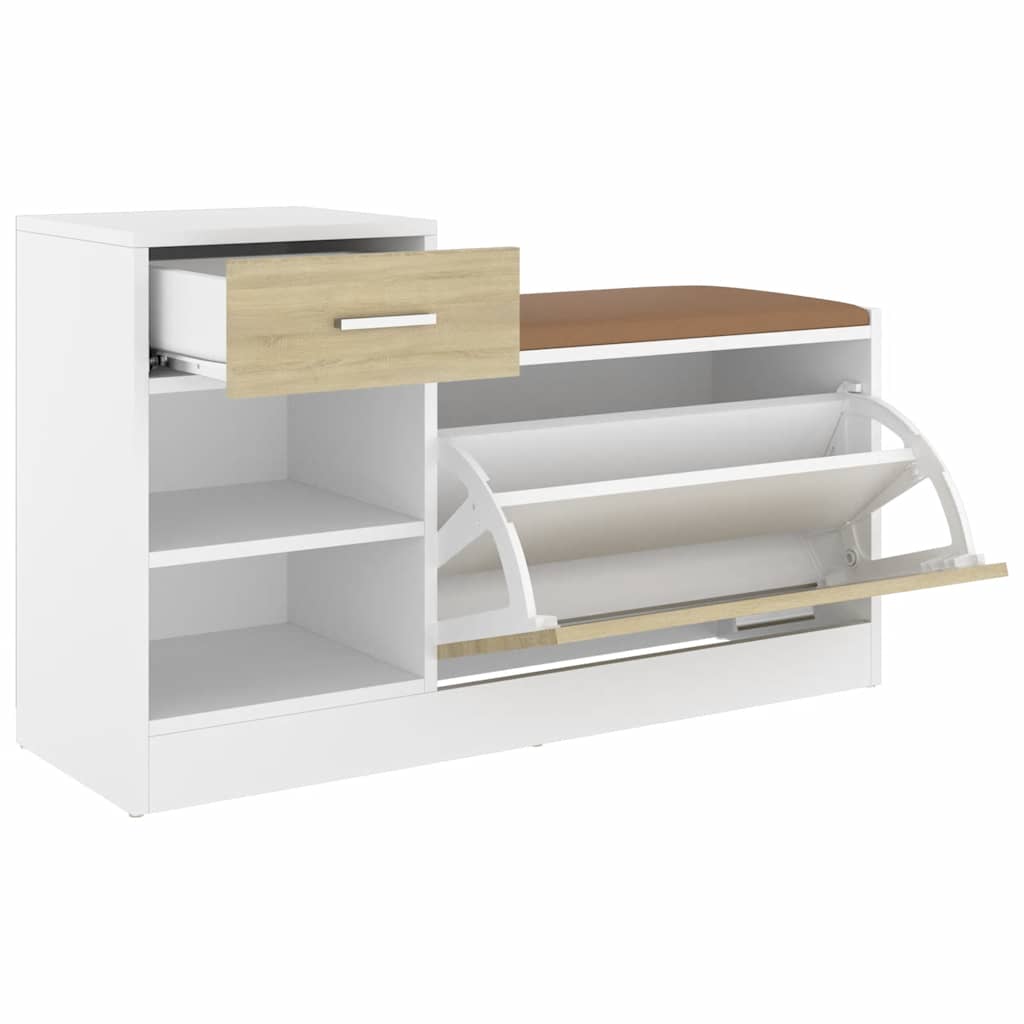 Shoe Bench White and Sonoma Oak 37.2x12.2x22.4" Engineered Wood