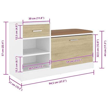 Shoe Bench White and Sonoma Oak 37.2x12.2x22.4" Engineered Wood