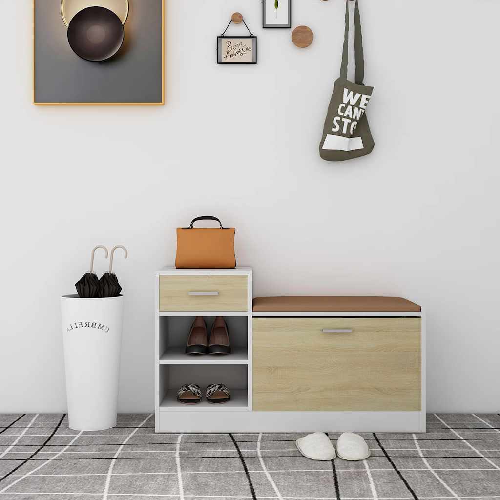 Shoe Bench White and Sonoma Oak 37.2x12.2x22.4" Engineered Wood