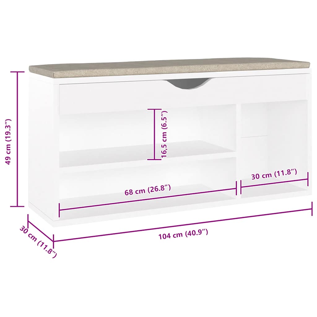 Shoe Bench with Cushion White 40.9"x11.8"x19.3" Engineered Wood