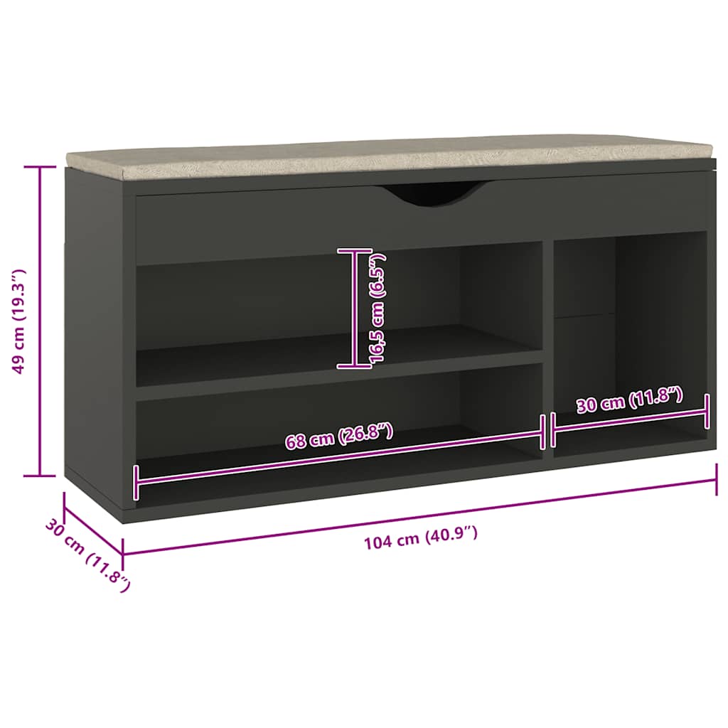 Shoe Bench with Cushion Gray 40.9"x11.8"x19.3" Engineered Wood