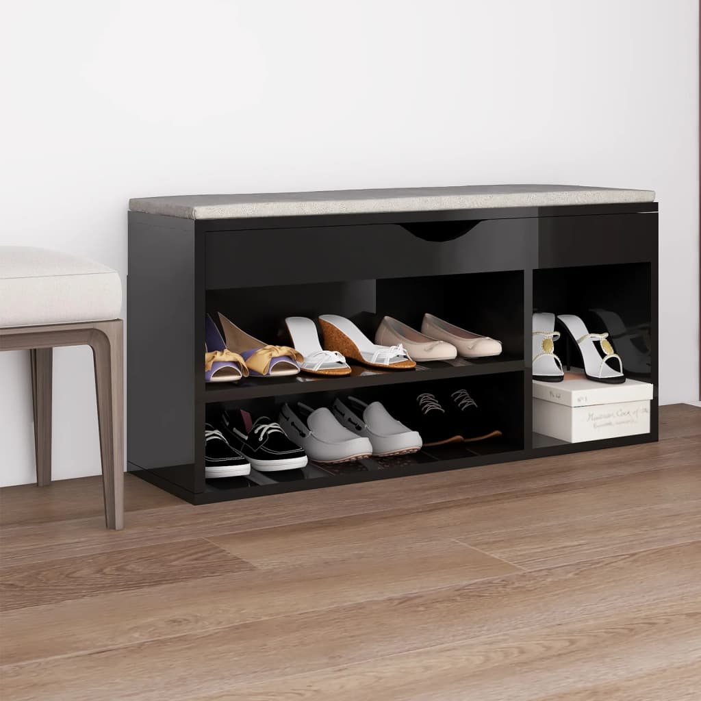 Shoe Bench with Cushion High Gloss Black 40.9"x11.8"x19.3" Engineered Wood