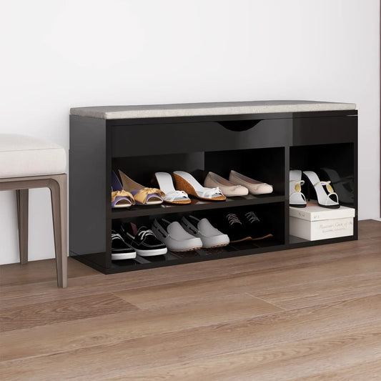 Shoe Bench with Cushion High Gloss Black 40.9"x11.8"x19.3" Engineered Wood