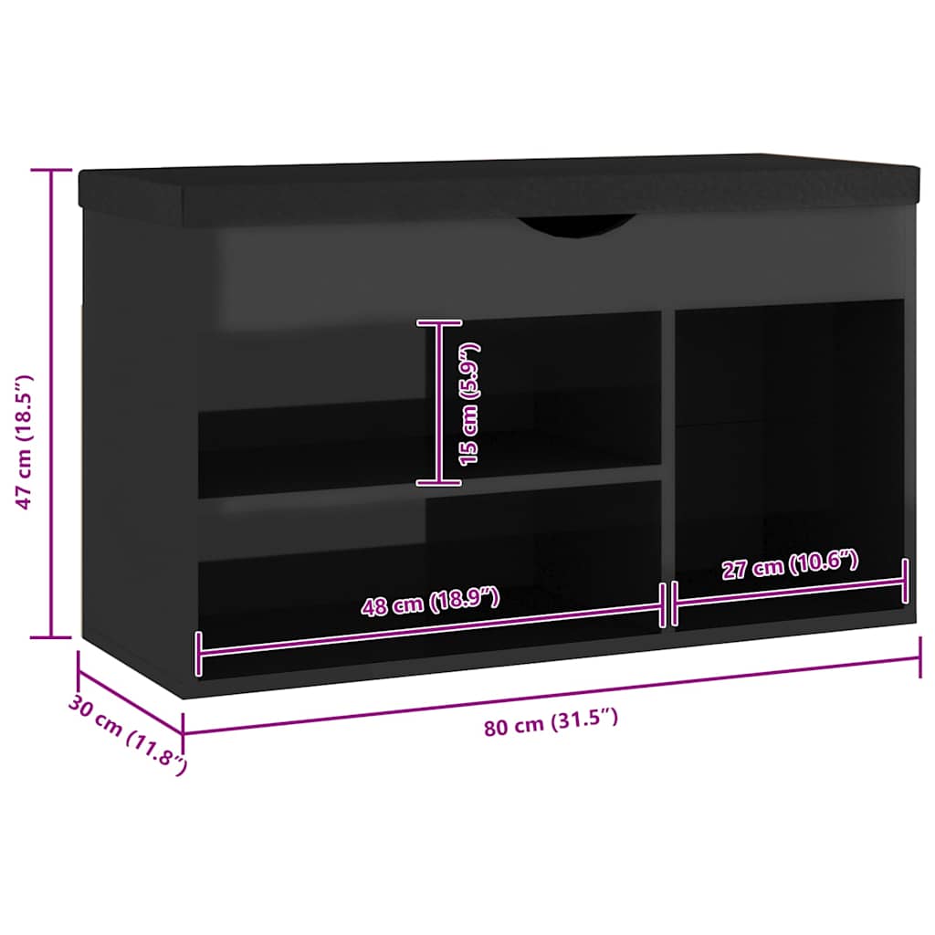 Shoe Bench with Cushion High Gloss Black 31.5"x11.8"x18.5" Engineered Wood