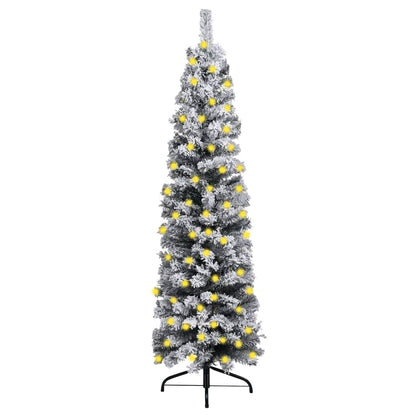 Slim Pre-lit Christmas Tree with Flocked Snow Green 59.1" PVC