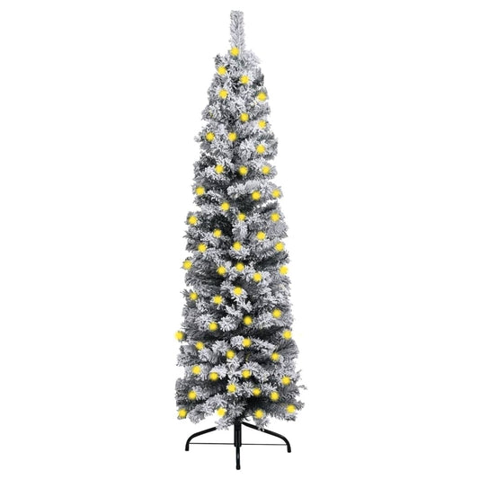 Slim Pre-lit Christmas Tree with Flocked Snow Green 59.1" PVC