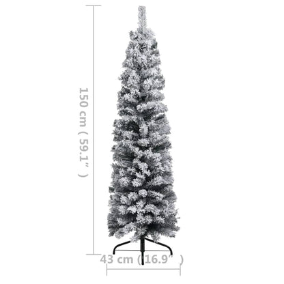 Slim Pre-lit Christmas Tree with Flocked Snow Green 59.1" PVC