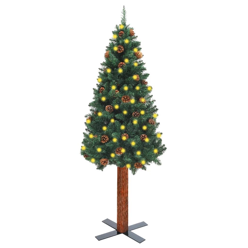 Slim Pre-lit Christmas Tree with Real Wood&Cones Green 59.1"